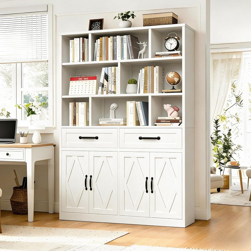 Home Office In Living Room - Sturdy Metal Tall Bookcase with Cabinet,