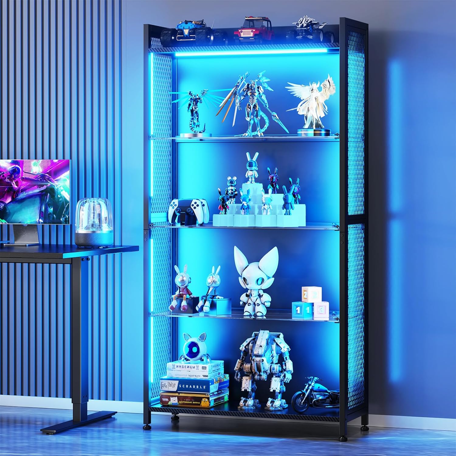 Bookcase Wood Shelf - LED Display Case with Glass Shelves,