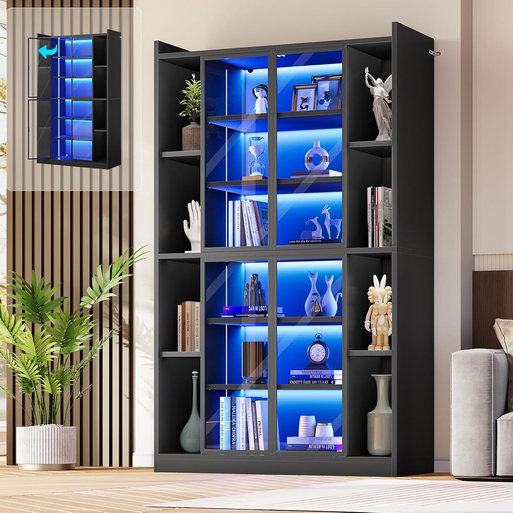 Bookcase Wood Shelf - 6-Tier Acrylic Glass Display Cabinet with
