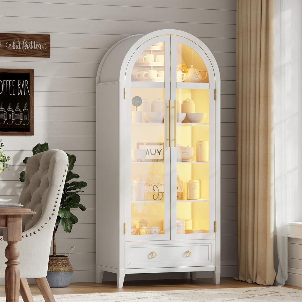 Bookcase Wood Shelf - 4-Tier Glass Display Cabinet, 73 LED-Lit