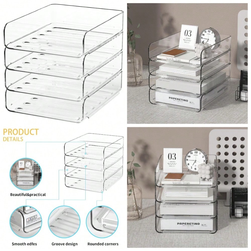 Letter Tray Desk - Stackable 4-Tier Clear Acrylic Paper Tray