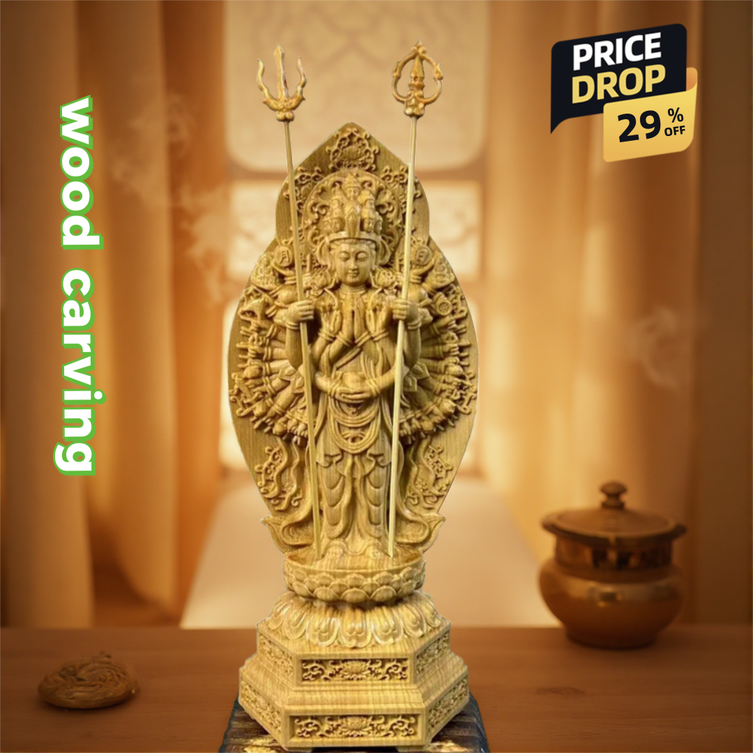 Home Office Feng Shui - wood carving Thousand-hand Avalokitesvara Bodhisattva sculptures