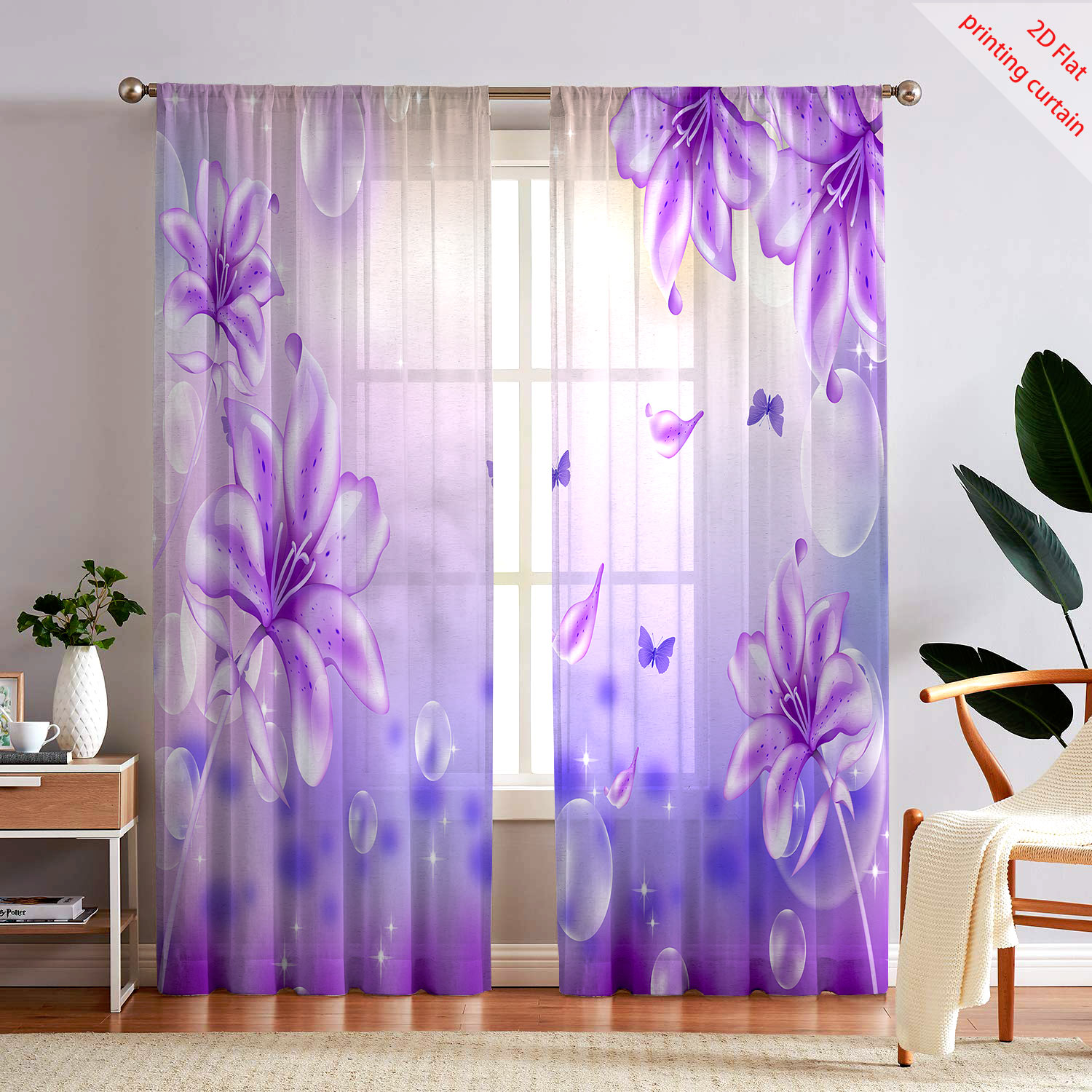 Home Office Windows - Purple flower printed transparent gauze curtain,