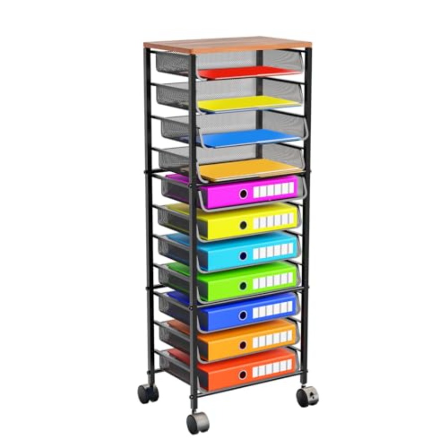 Letter Tray Desk - 12 Tier Rolling File Cart, Wood