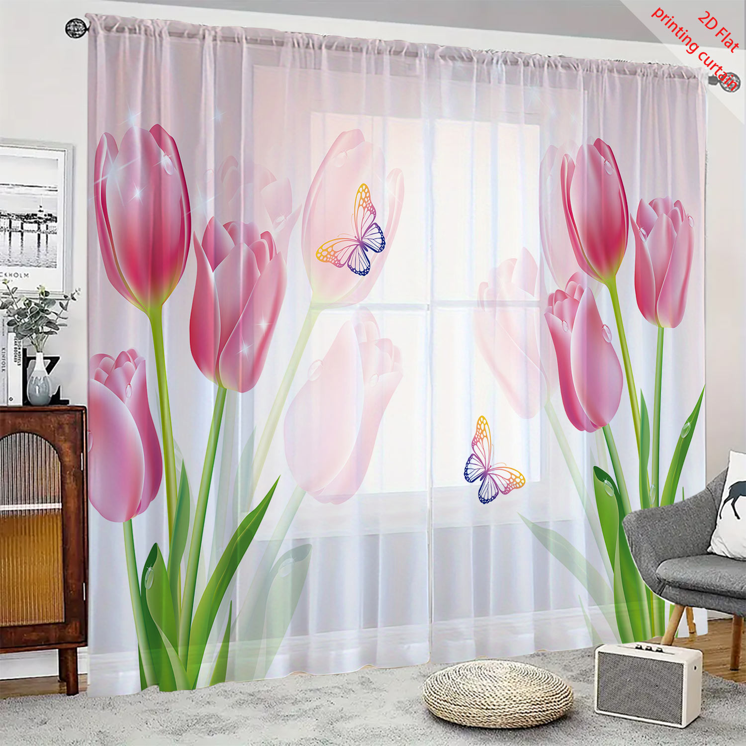 Pink tulip print transparent g - Home Office Windows 리뷰 및 가격