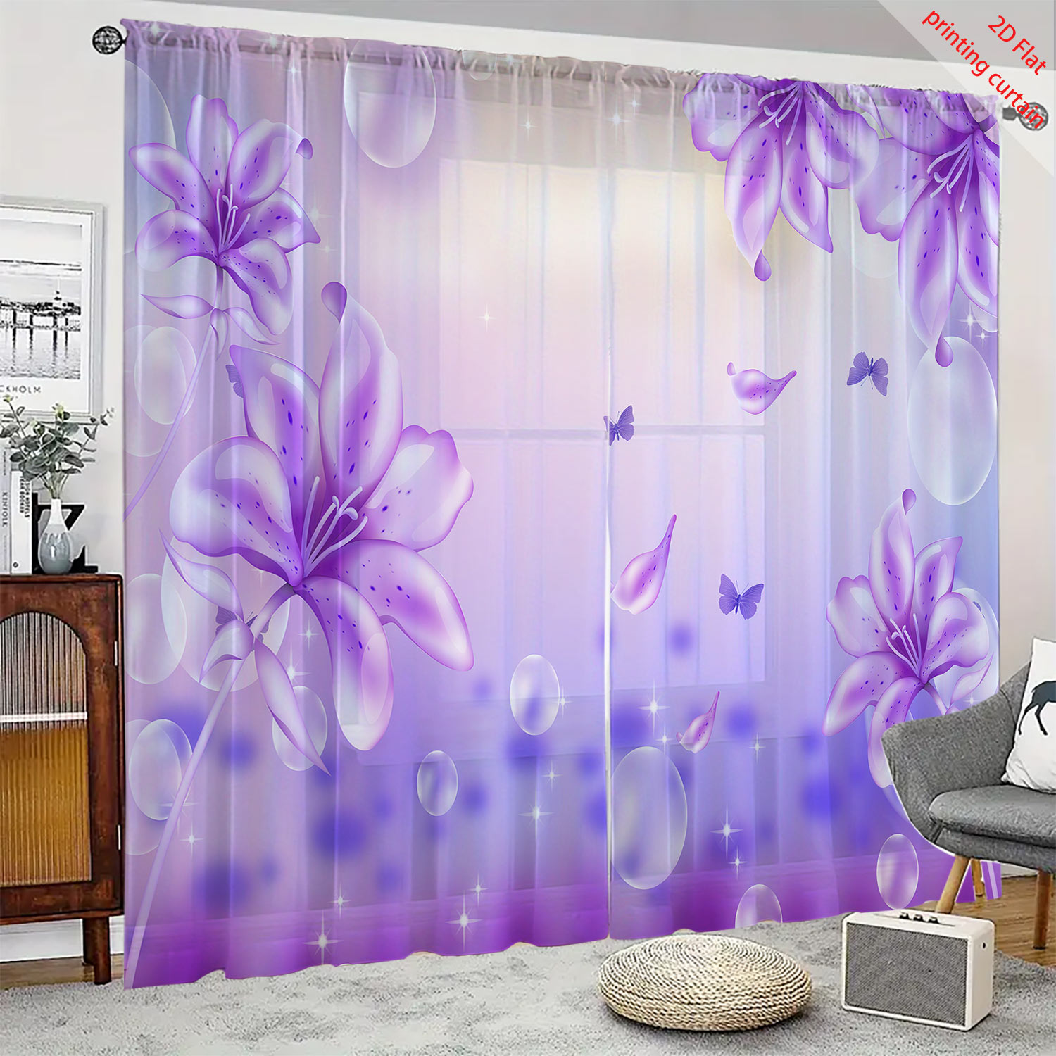 Purple flower printed transpar - Home Office Windows 리뷰 및 가격